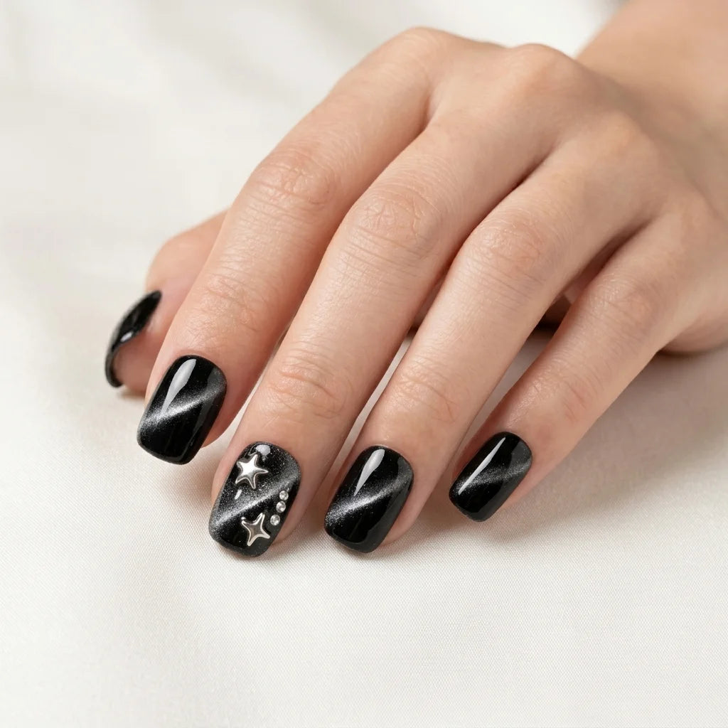 black silver cat eye square short press on nails star rhinestone mockup 01