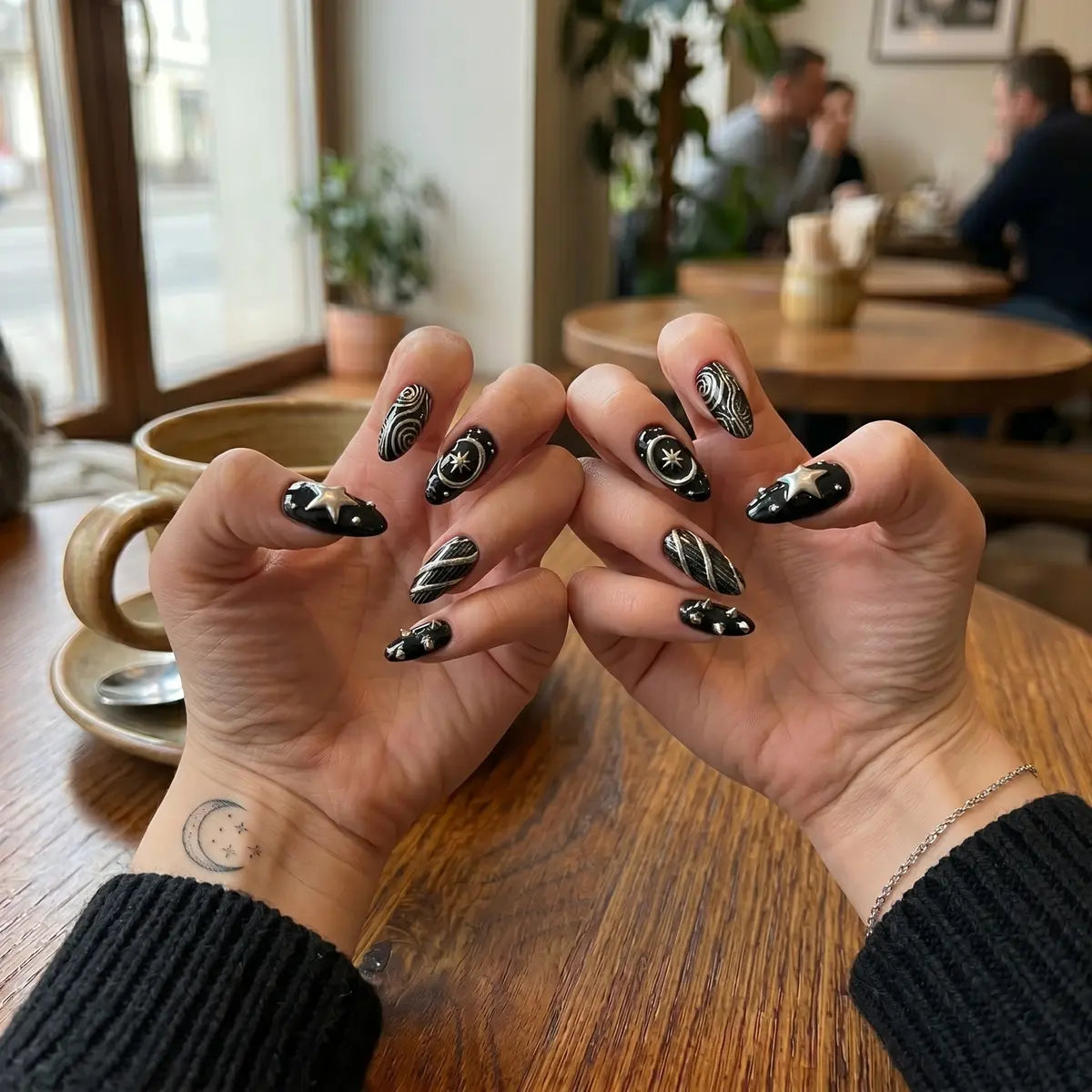 black silver chrome 3d almond press on nails swirl star spike detail 03