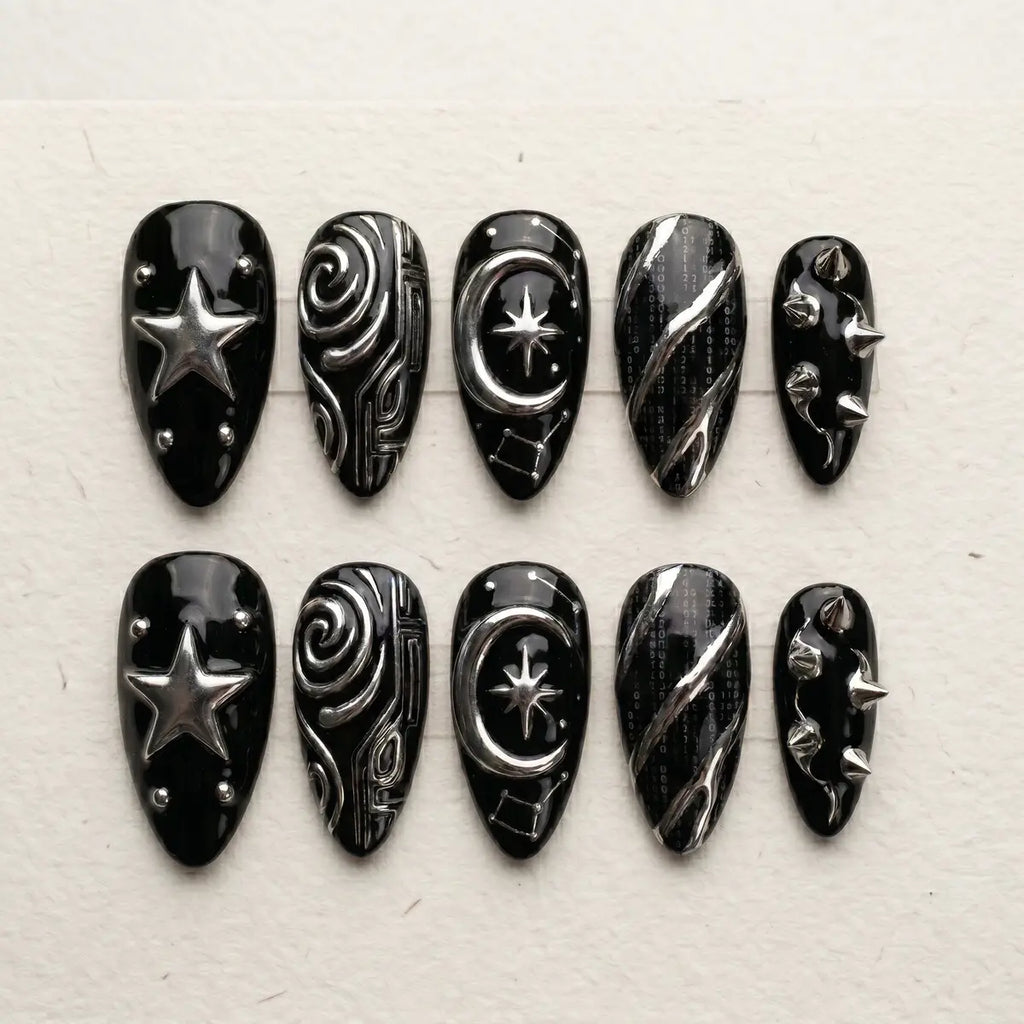 black silver chrome 3d almond press on nails swirl star spike mockup 01