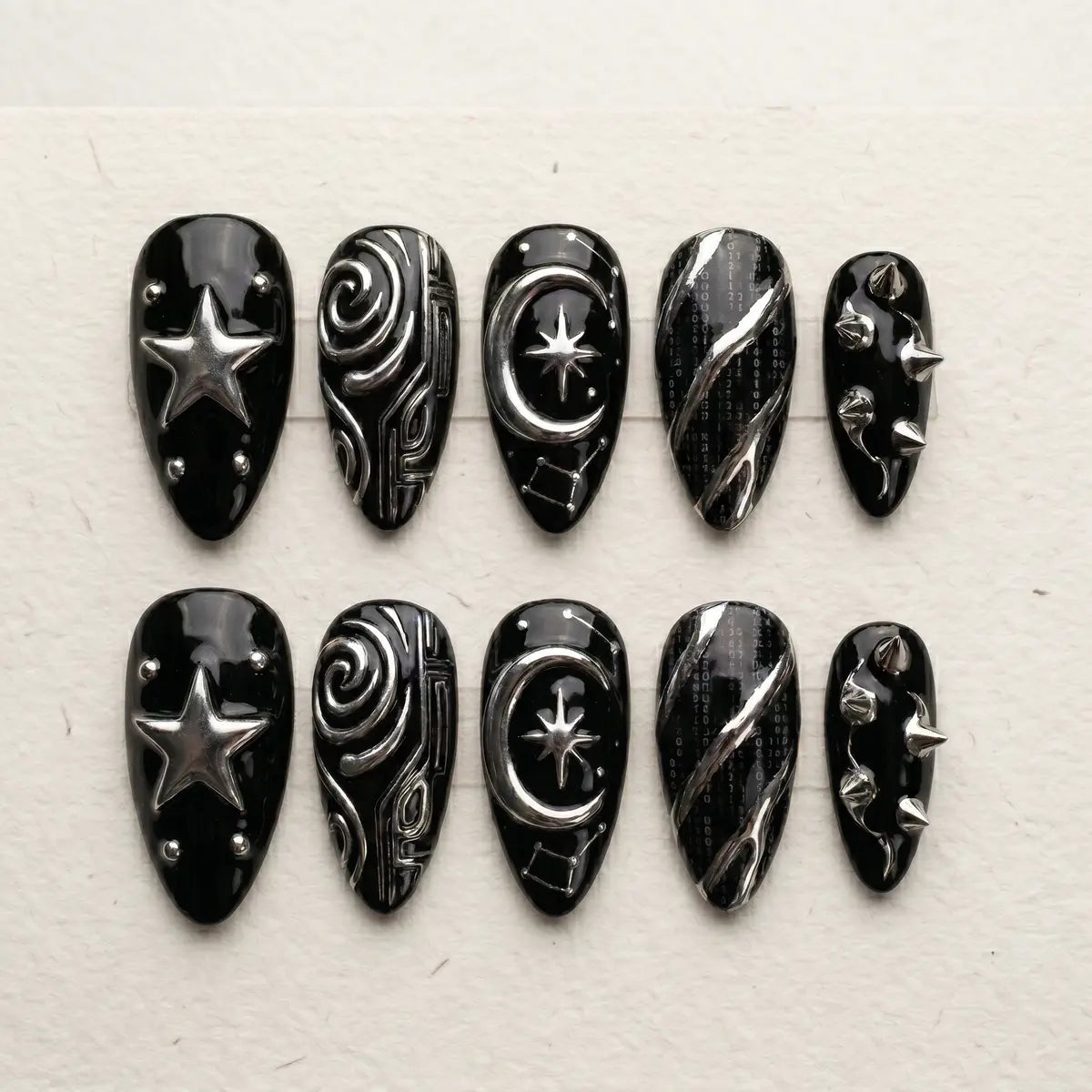 black silver chrome 3d almond press on nails swirl star spike mockup 01