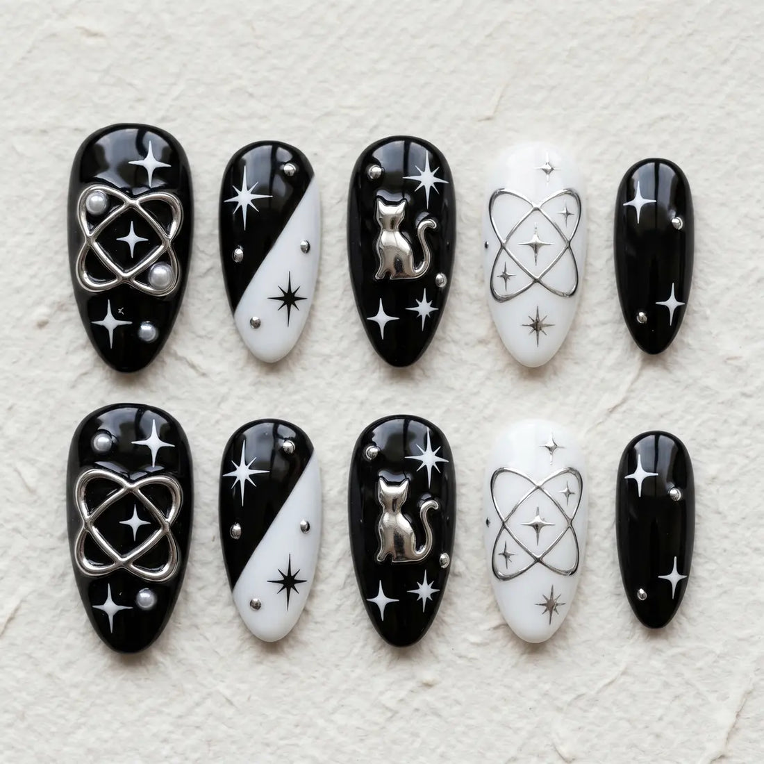 black white 3d almond press on nails goth silver cat planet star mockup 01