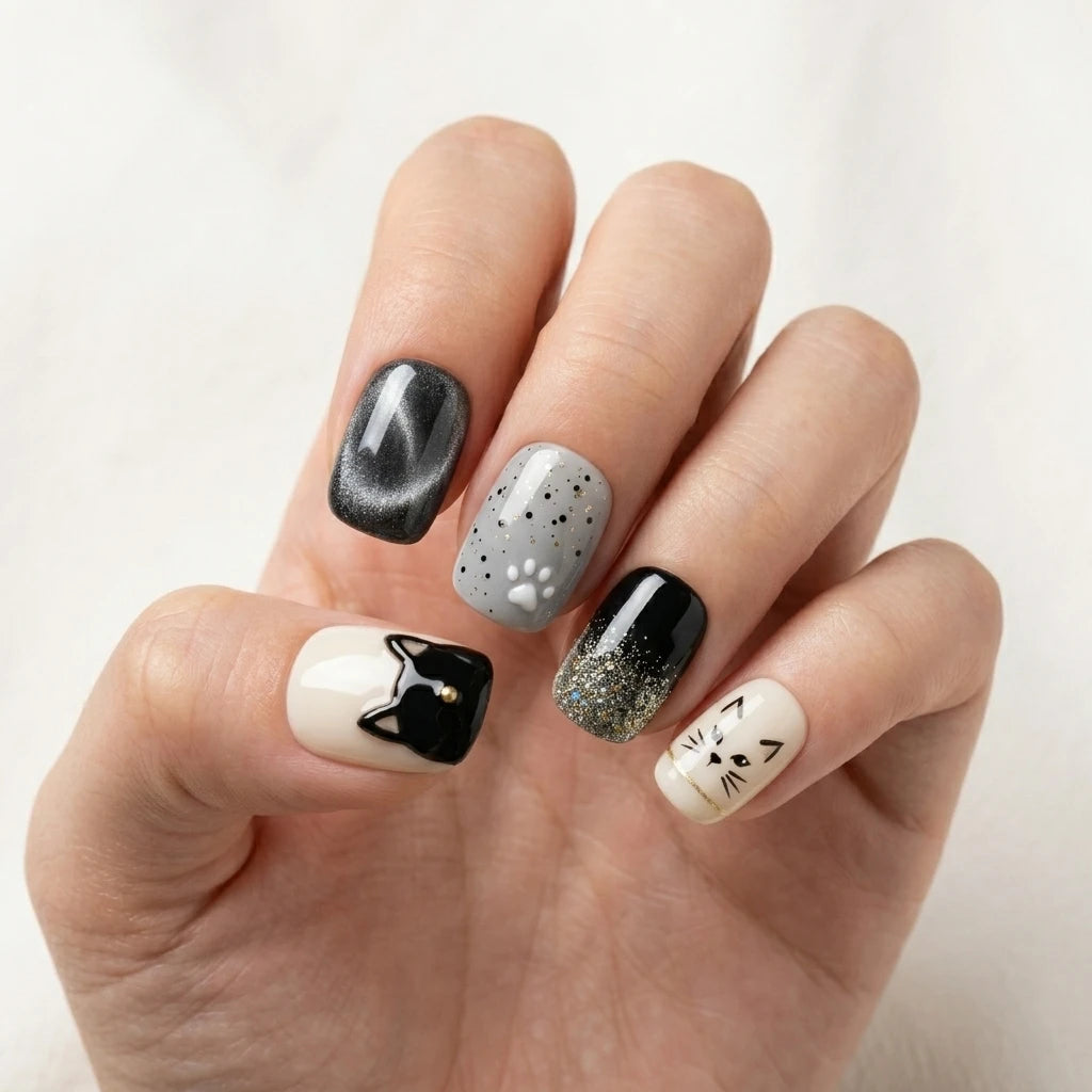 black white grey 3d cat eye square short press on nails cat whisker detail 01
