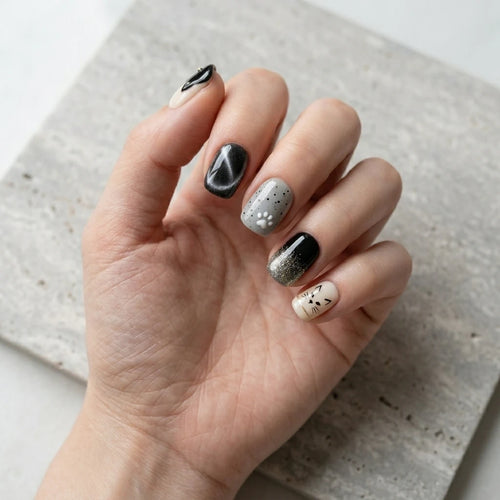 black white grey 3d cat eye square short press on nails cat whisker flat lay 01