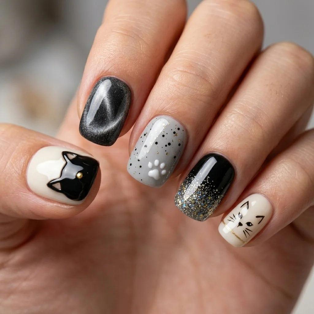 black white grey 3d cat eye square short press on nails cat whisker lifestyle 01