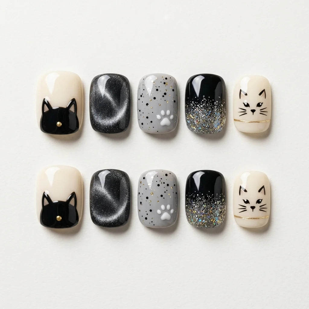 black white grey 3d cat eye square short press on nails cat whisker mockup 01