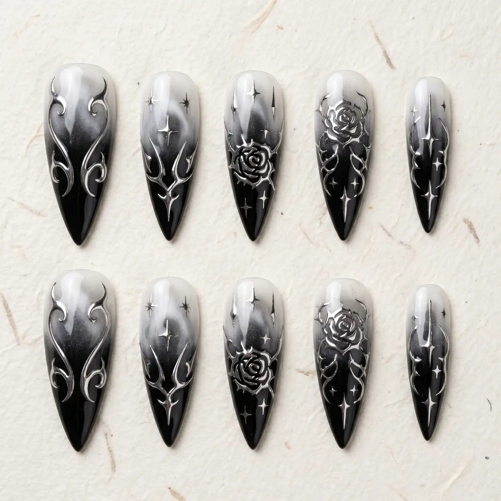 black white ombre 3d stiletto long press on nails silver gothic rose mockup 01