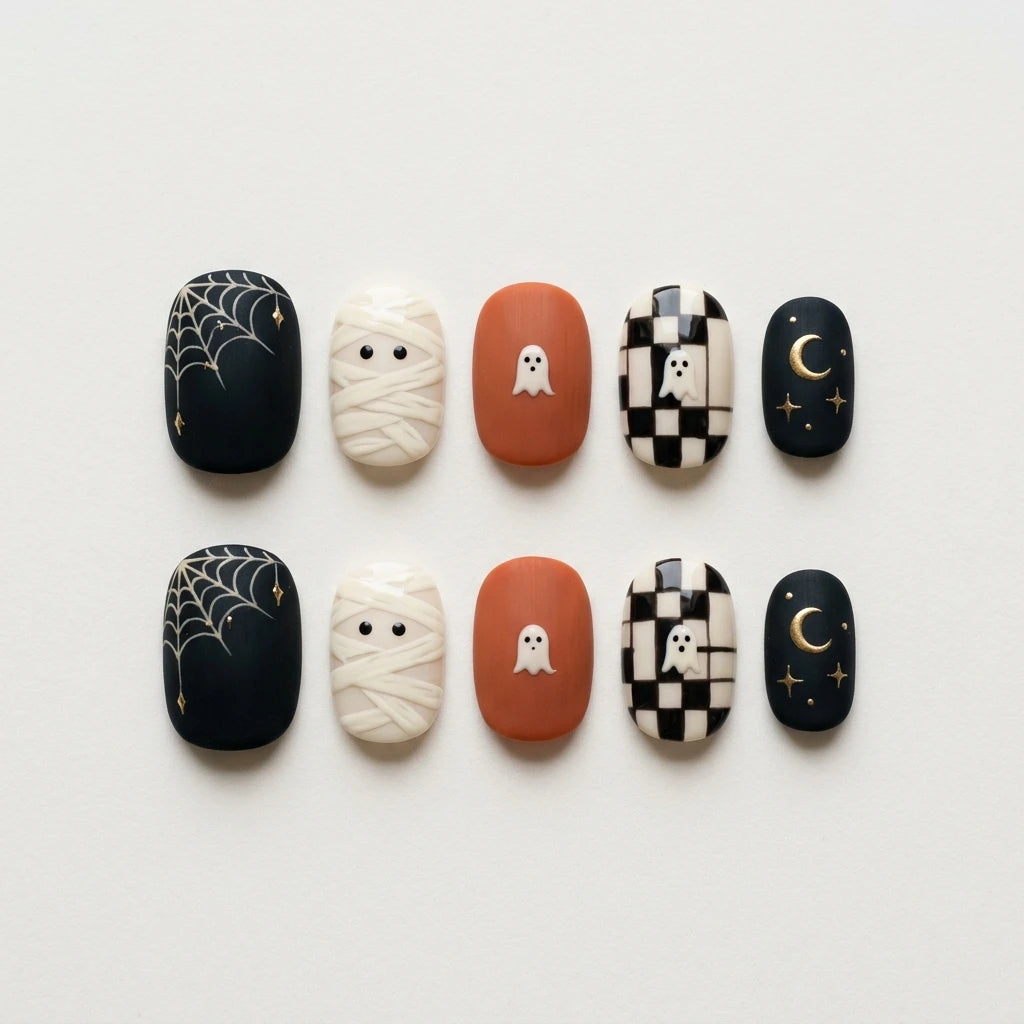 black white orange 3d hand painted halloween oval press on nails mummy spiderweb flat lay 03