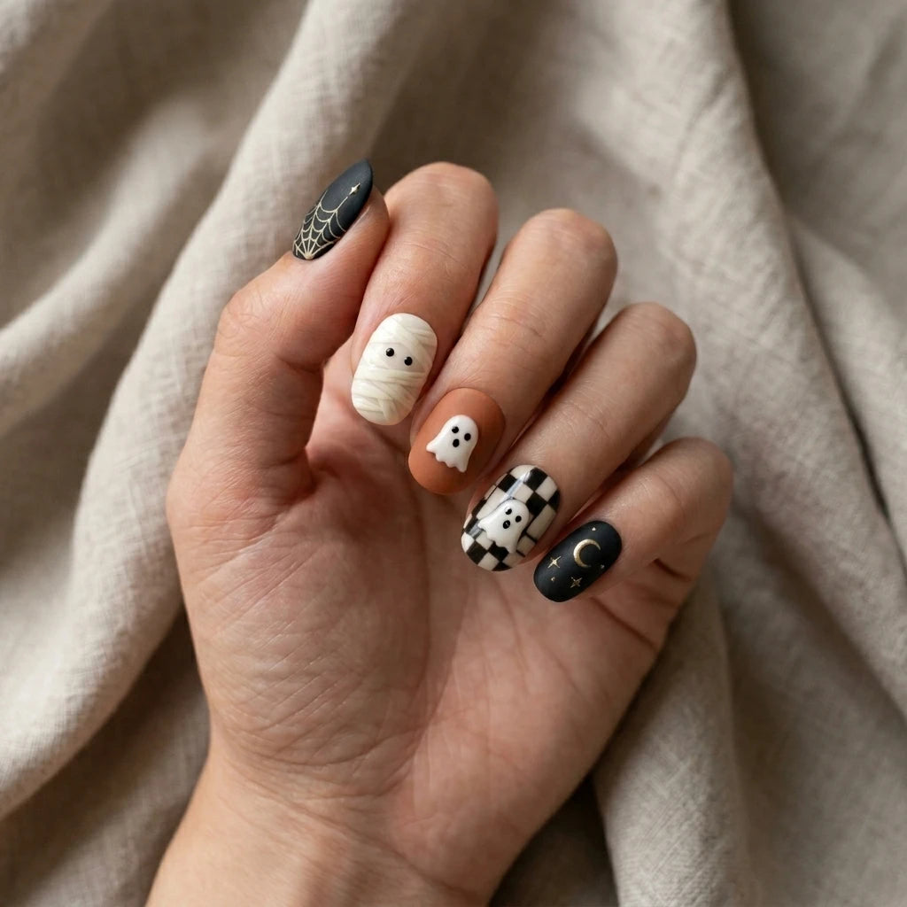 black white orange 3d hand painted halloween oval press on nails mummy spiderweb mockup 01