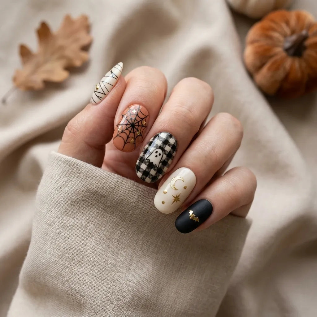 black white orange hand painted halloween oval press on nails spiderweb ghost bat flat lay 03