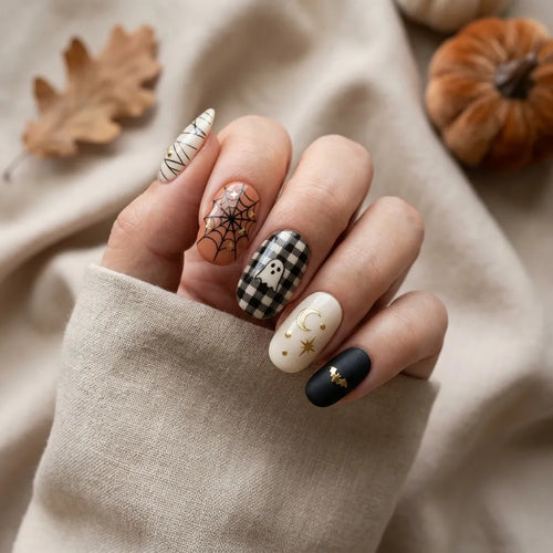 black white orange hand painted halloween oval press on nails spiderweb ghost bat flat lay 03