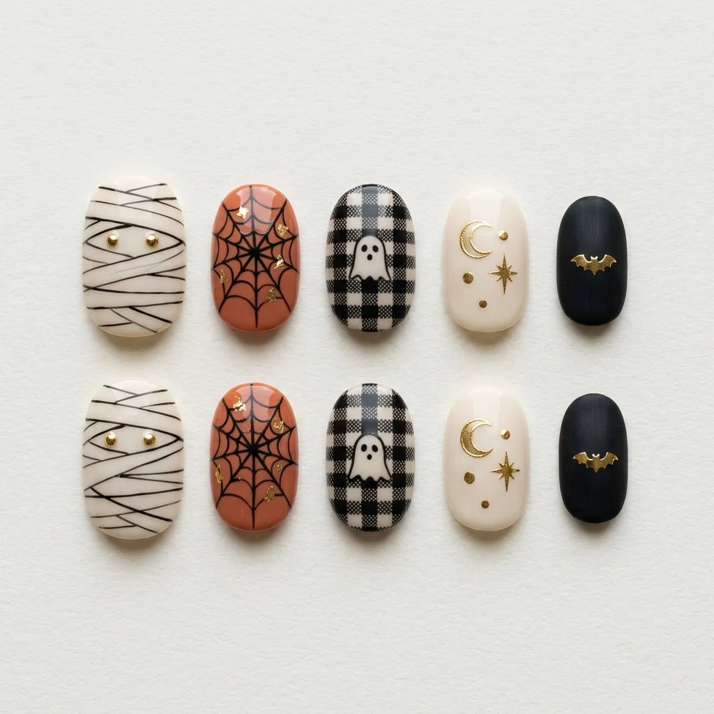 black white orange hand painted halloween oval press on nails spiderweb ghost bat lifestyle 02