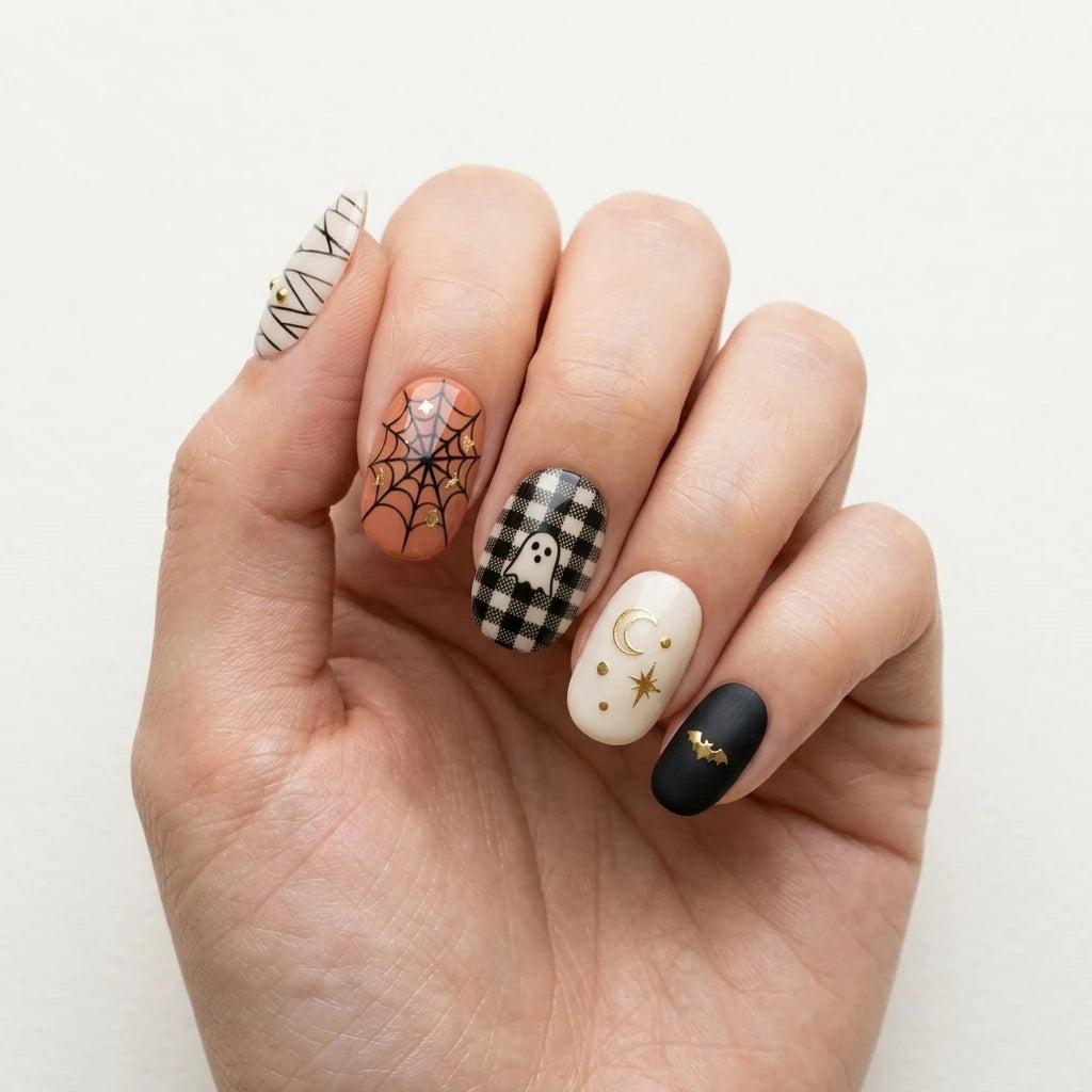 black white orange hand painted halloween oval press on nails spiderweb ghost bat mockup 01