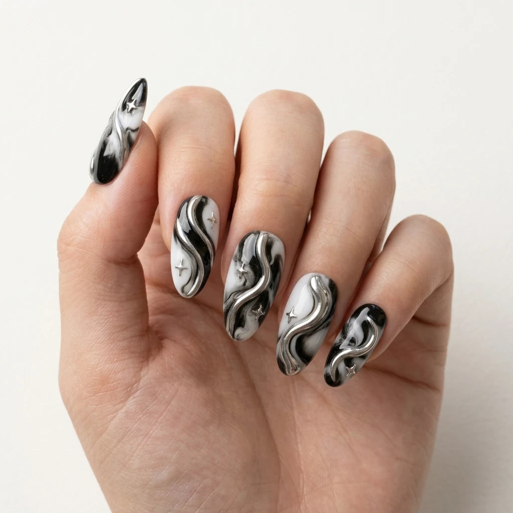 black white silver 3d marble almond press on nails chrome swirl star flat lay 03