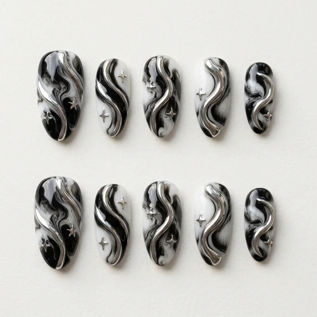 black white silver 3d marble almond press on nails chrome swirl star lifestyle 02