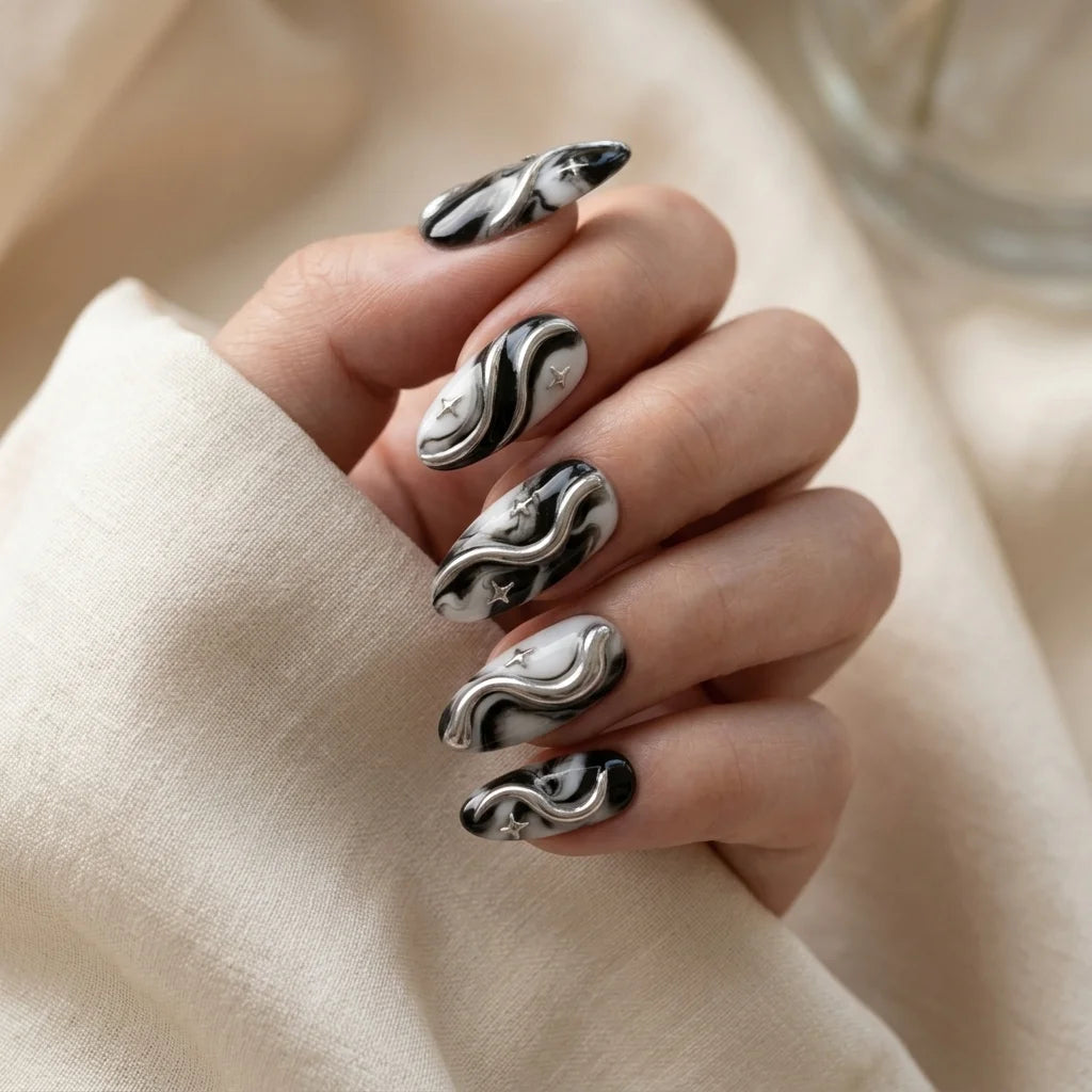 black white silver 3d marble almond press on nails chrome swirl star mockup 01