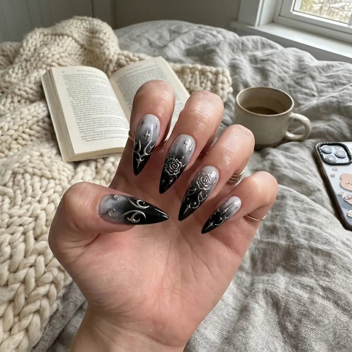 black white silver 3d ombre stiletto press on nails gothic rose detail 03