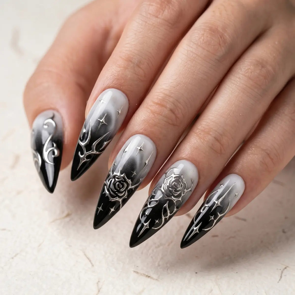 black white silver 3d ombre stiletto press on nails gothic rose lifestyle 02