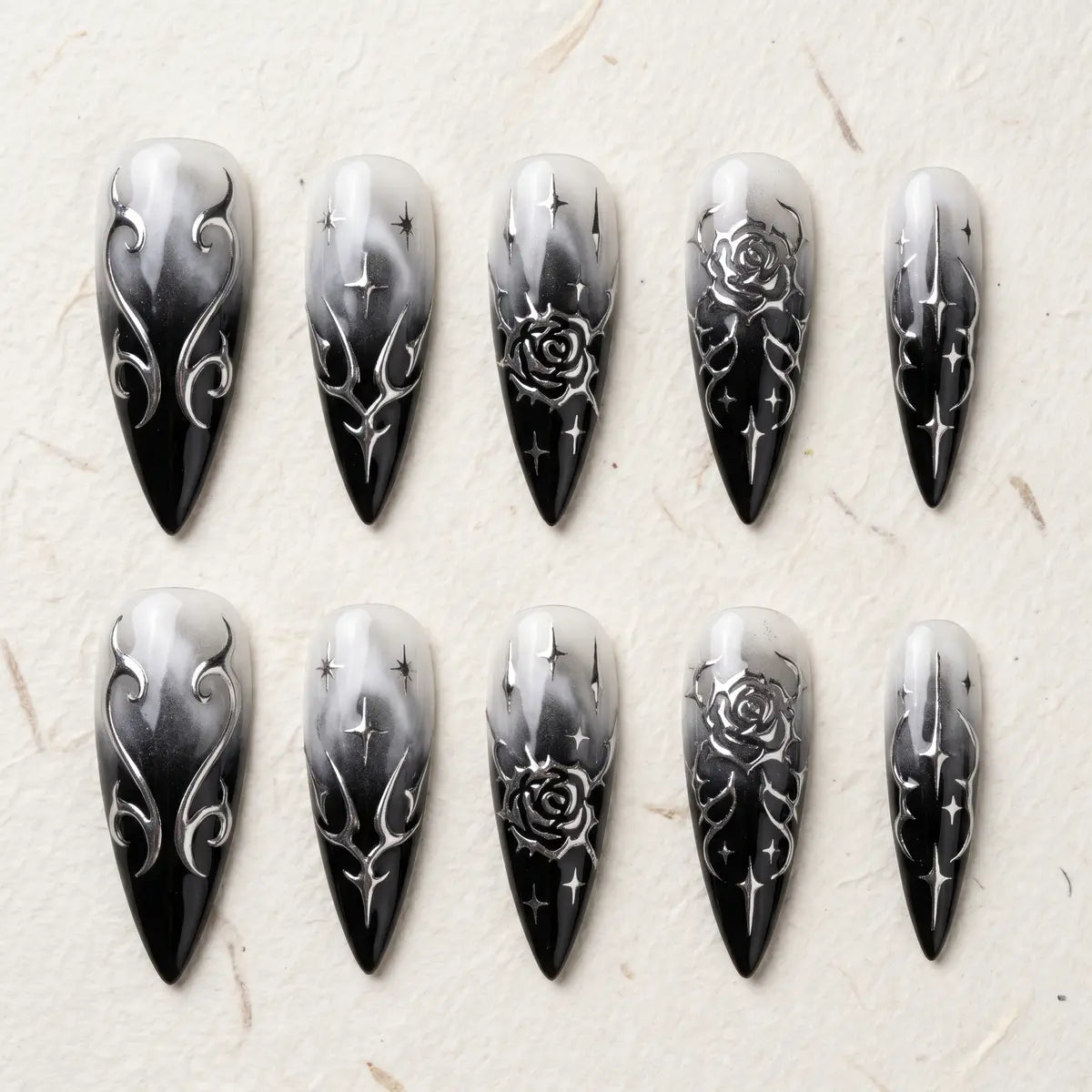 black white silver 3d ombre stiletto press on nails gothic rose mockup 01