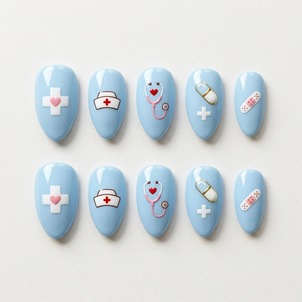 blue 3d almond press on nails nurse cap stethoscope pill cross flat lay 01