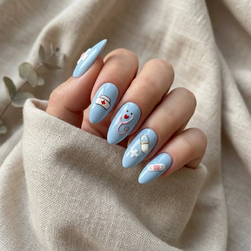 blue 3d almond press on nails nurse cap stethoscope pill cross lifestyle 01