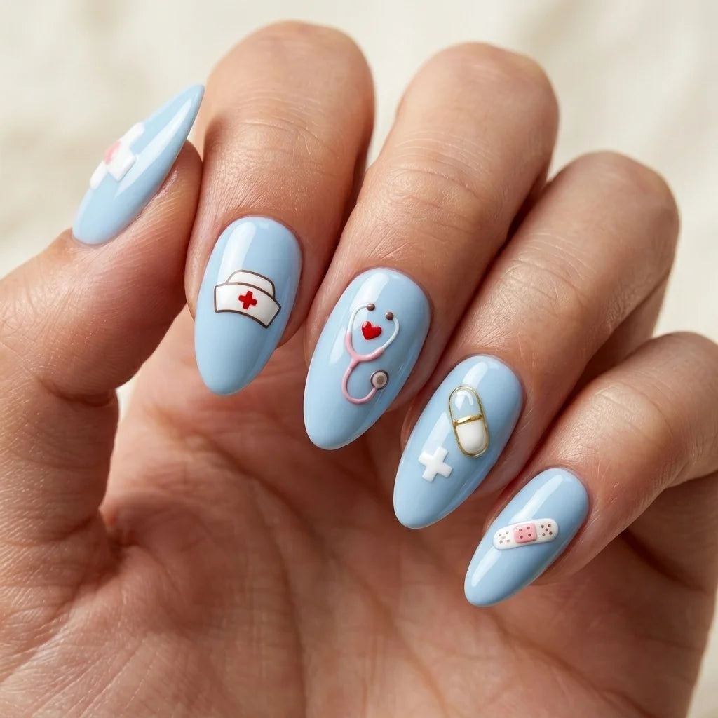 blue 3d almond press on nails nurse cap stethoscope pill cross lifestyle 02