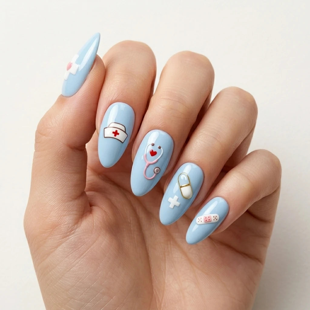 blue 3d almond press on nails nurse cap stethoscope pill cross mockup 01
