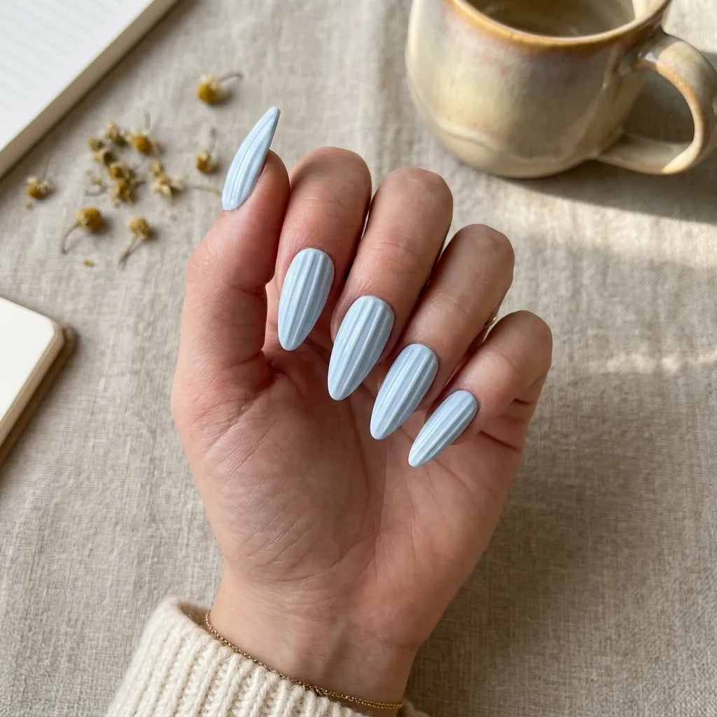 blue 3d almond press on nails textured ridgeline detail 04