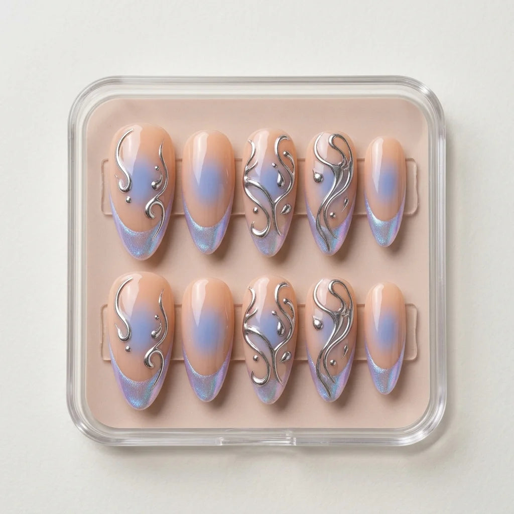 blue aura french almond medium press on nails silver swirl flat lay 01