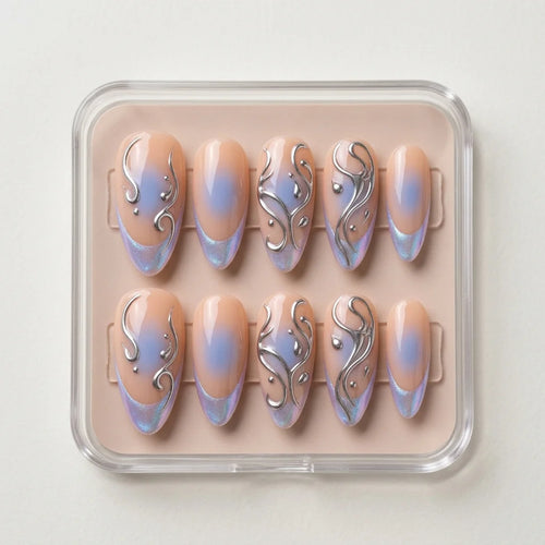 blue aura french almond medium press on nails silver swirl flat lay 01