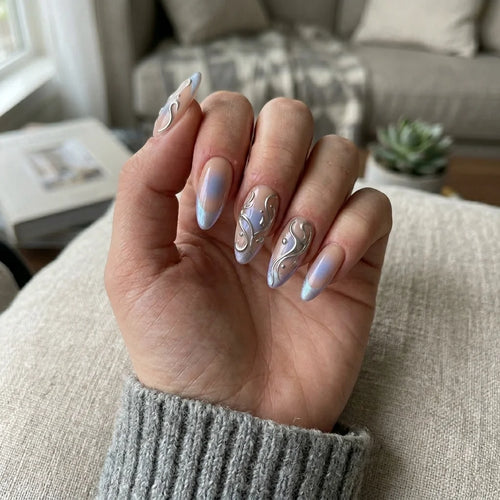 blue aura french almond medium press on nails silver swirl mockup 01