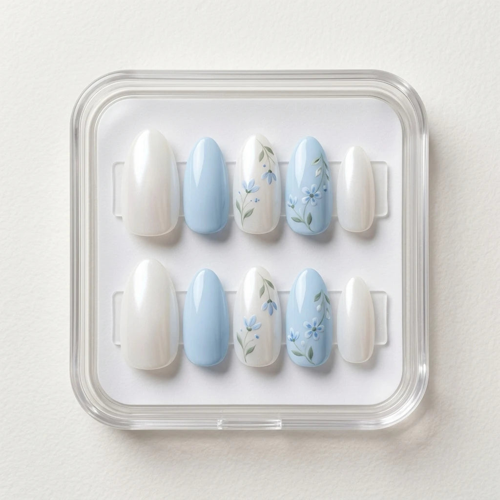 blue hand painted almond press on nails white botanical flower detail 01