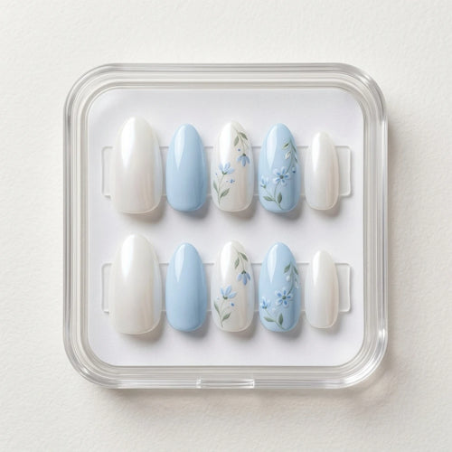 blue hand painted almond press on nails white botanical flower detail 01