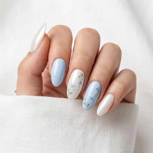 blue hand painted almond press on nails white botanical flower mockup 01