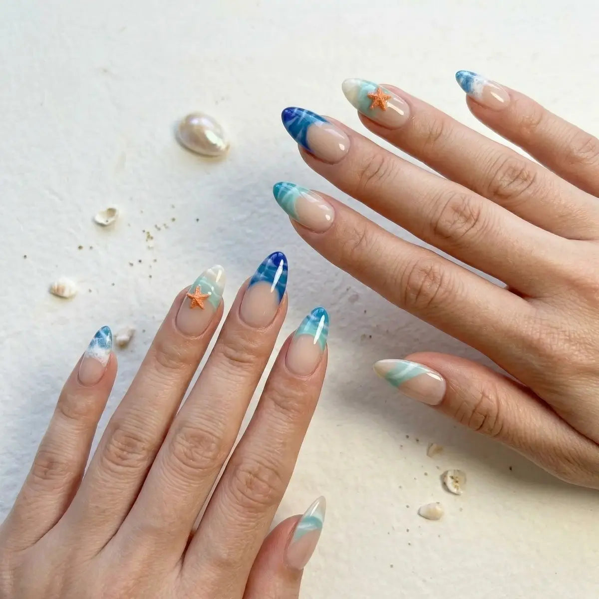 blue marble almond press on nails ocean wave 3d starfish lifestyle 02