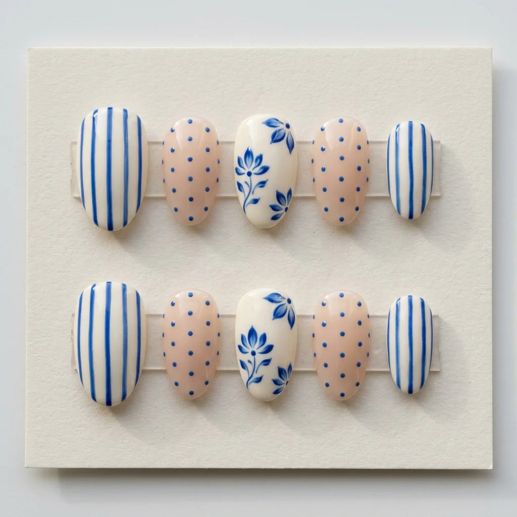 blue nude hand painted almond press on nails floral stripe polka dot lifestyle 02