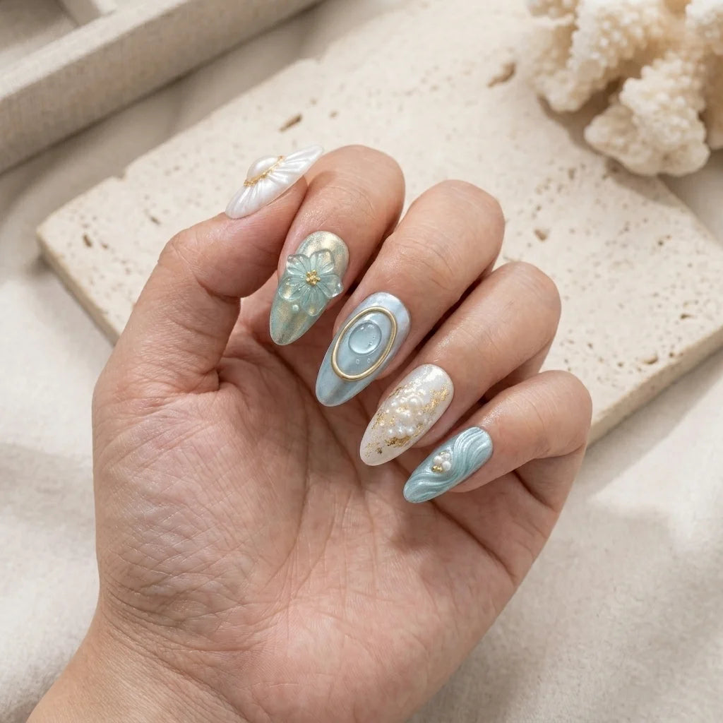 blue pearl 3d almond medium press on nails ocean flat lay 01