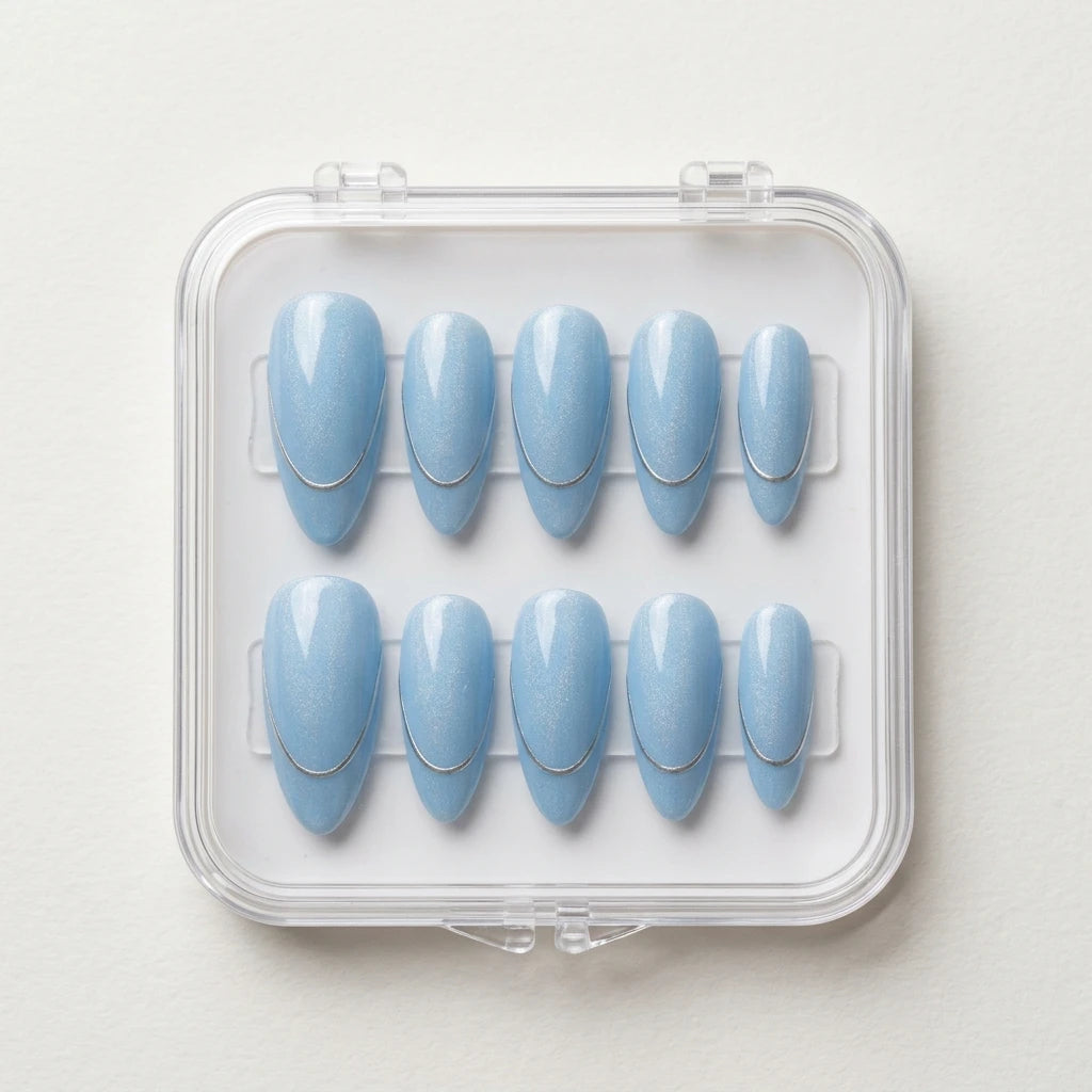 blue pearl almond press on nails silver minimal line detail 01