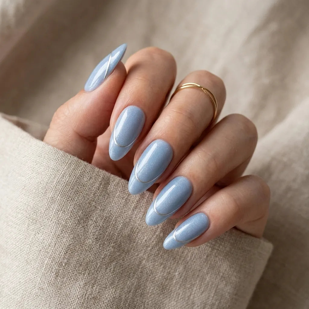 blue pearl almond press on nails silver minimal line detail 02