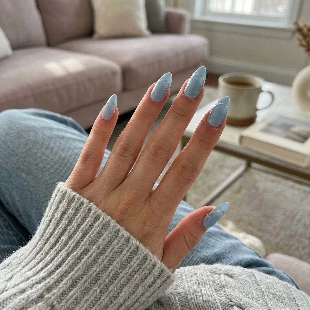 blue pearl almond press on nails silver minimal line lifestyle 01