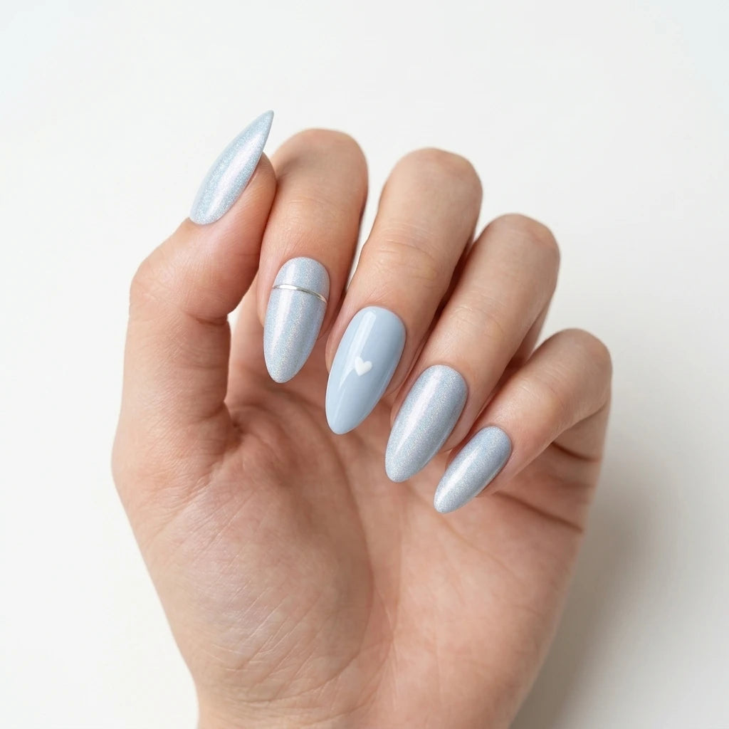 blue pearl almond press on nails white heart silver stripe detail 01
