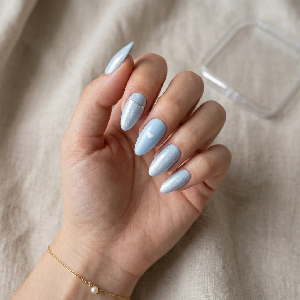 blue pearl almond press on nails white heart silver stripe detail 02