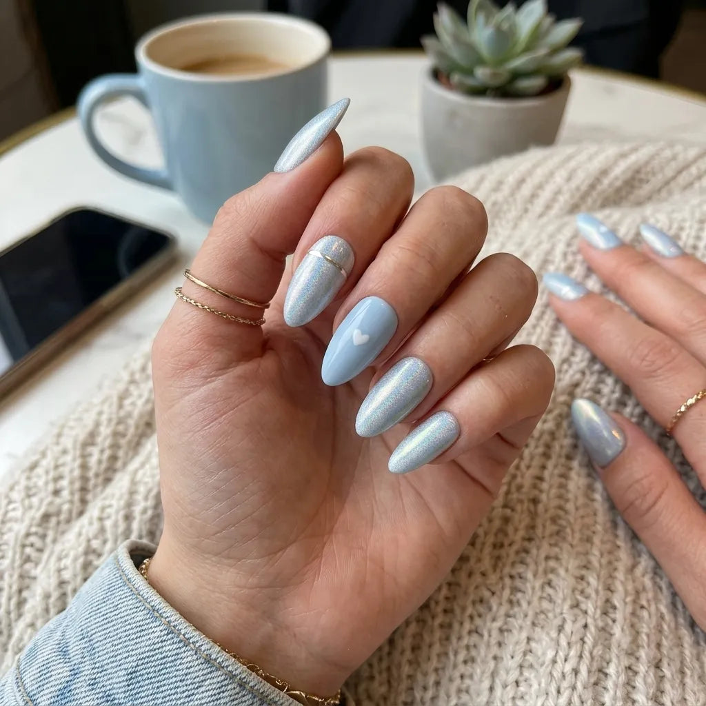 blue pearl almond press on nails white heart silver stripe lifestyle 01