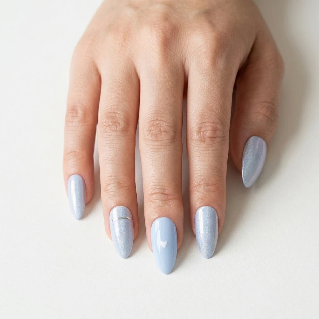 blue pearl almond press on nails white heart silver stripe mockup 01