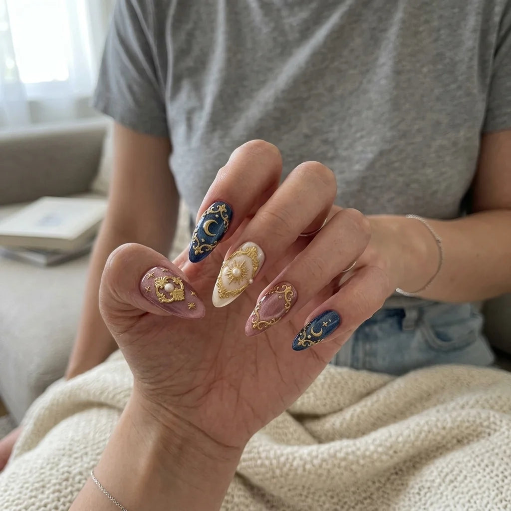 blue pink cat eye almond medium press on nails celestial flat lay 01