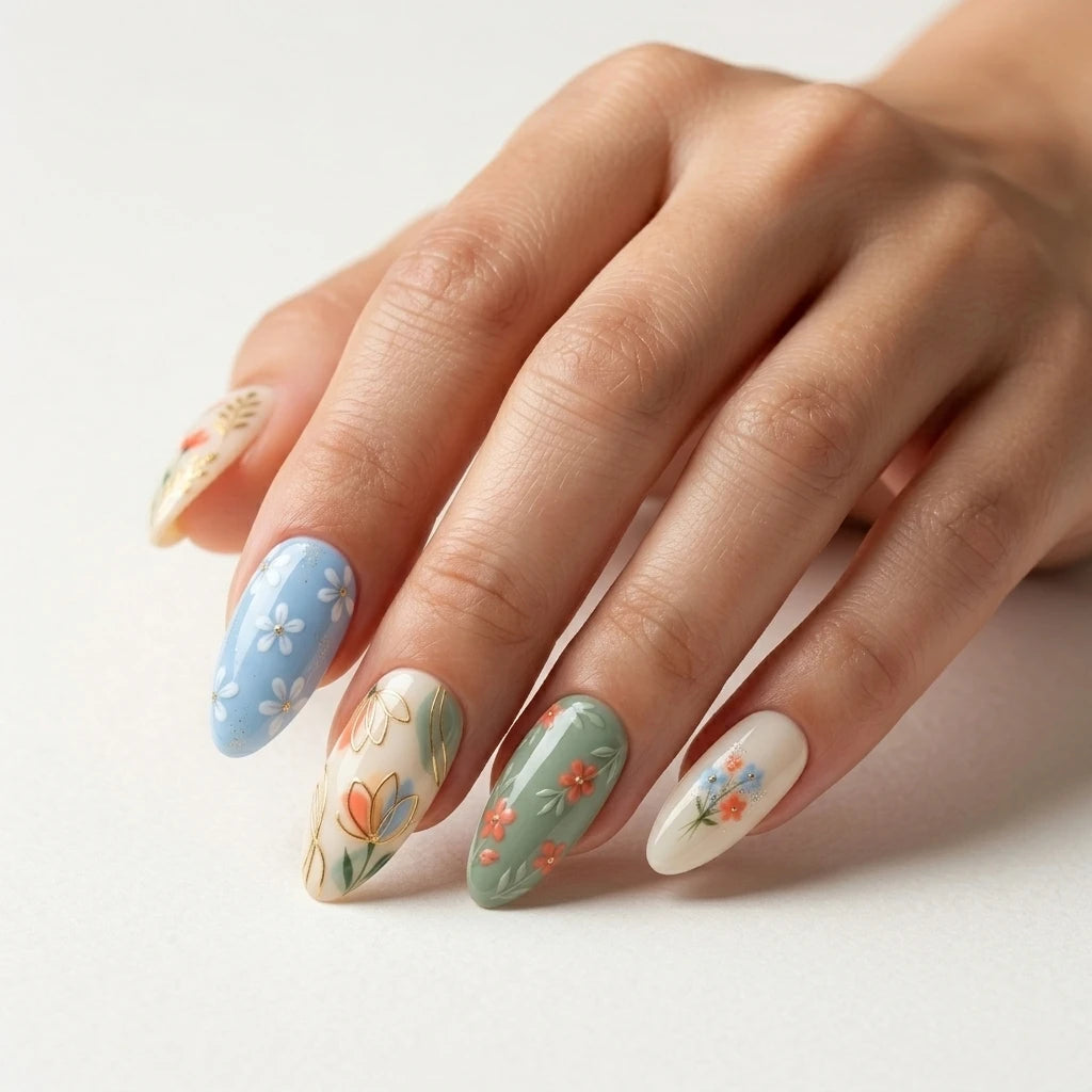 blue sage cream hand painted almond press on nails floral pastel gold foil detail 01