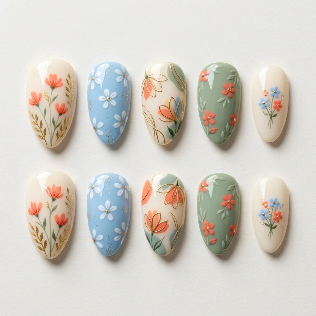 blue sage cream hand painted almond press on nails floral pastel gold foil lifestyle 01