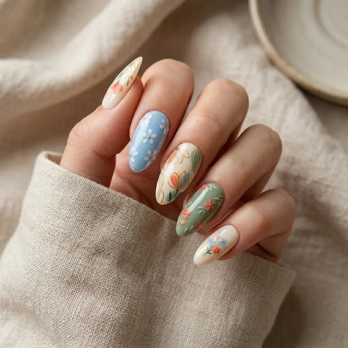 blue sage cream hand painted almond press on nails floral pastel gold foil mockup 01