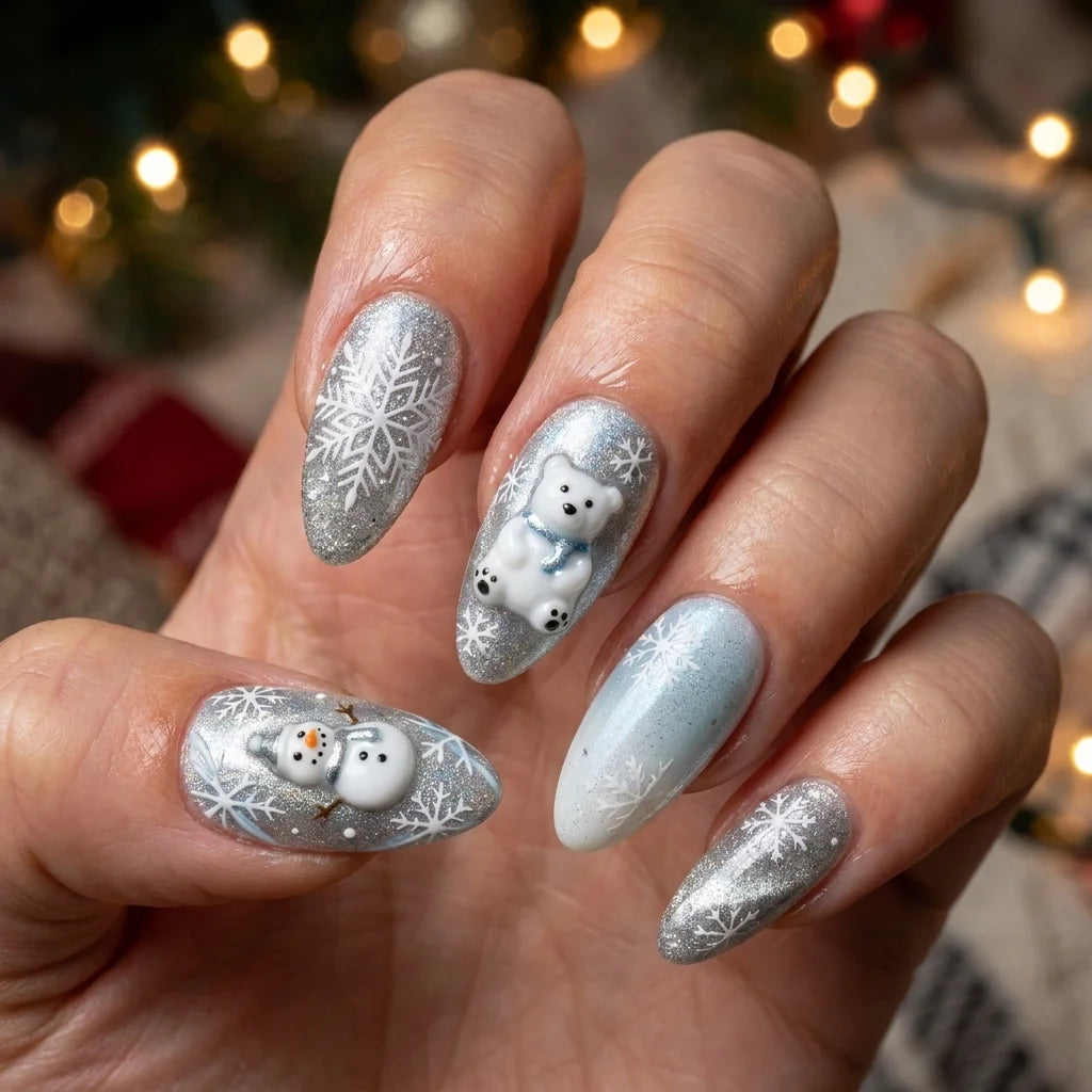 blue silver 3d ombre almond press on nails polar bear snowflake glitter lifestyle 01