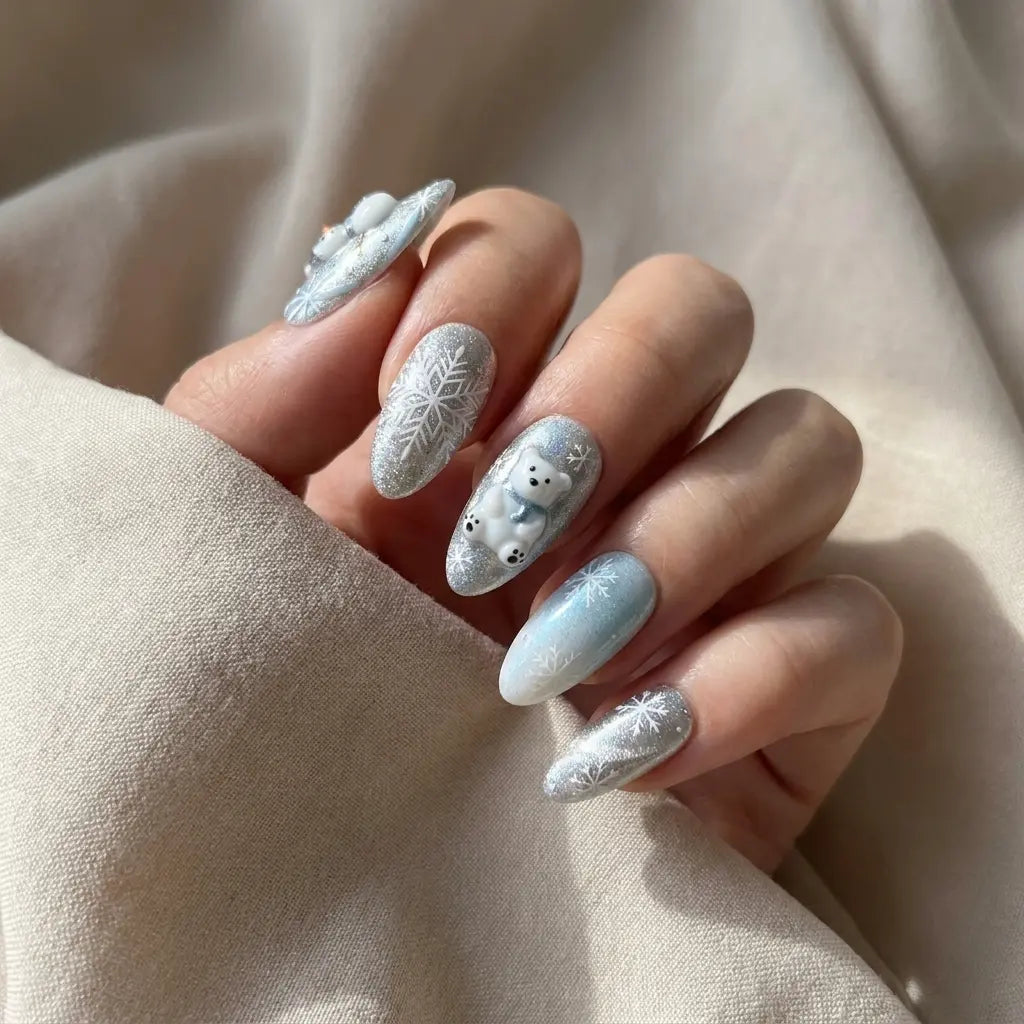 blue silver 3d ombre almond press on nails polar bear snowflake glitter mockup 01