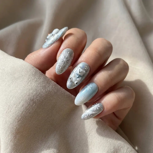 blue silver 3d ombre almond press on nails polar bear snowflake glitter mockup 01